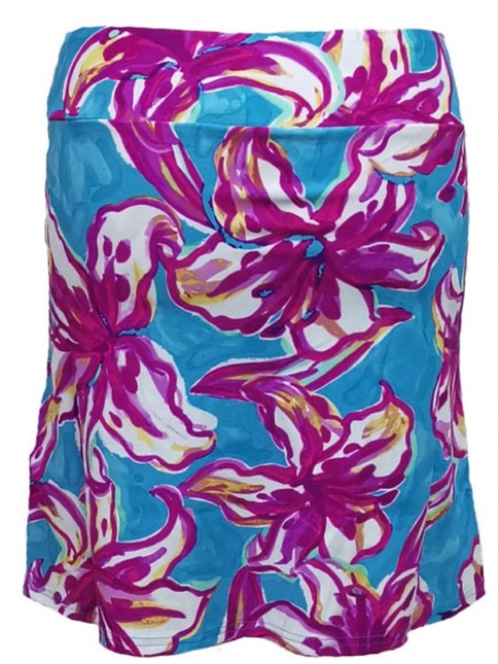 Aryeh Turquoise Floral skort w Fuchsia & White flowers. One pocket and zip slit